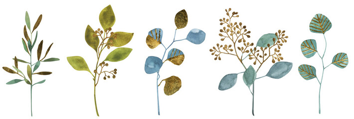 Eucalyptus branch illustration. Gilded leaf. Golden texture