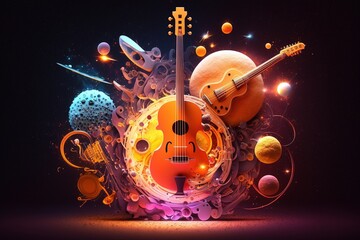 Art design of music instruments like violins, in outer space with planets and stars. Ai generated