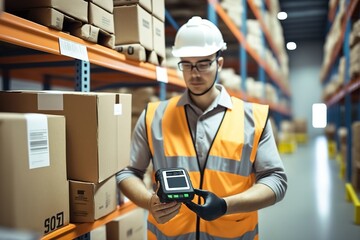Logistics company workers scan packages. Ai generated.