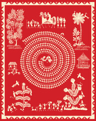 Indian rural area Wedding moment in warli painting. Modern Paintings, Bird and Tree Warli art, Wallpaper illustration Vector warli art.