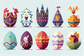 A set of flat easter eggs for children's books. Generative AI.