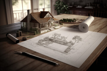 wooden house model on some construction plans on rustic wooden table. Ai generative