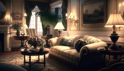 Video conference elegant living room, zoom background, Generative, AI