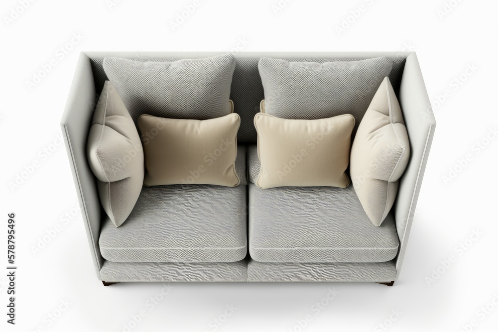 Sticker two seater contemporary fabric sofa, top view, white background. generative ai