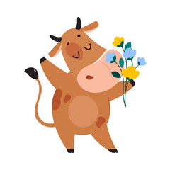 Cute happy brown cow smelling bouquet of flowers. Lovely farm animal character cartoon vector illustration