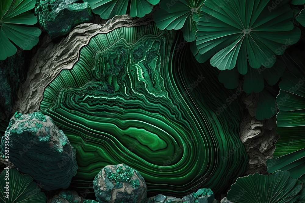 Poster Malachite a natural stone with a striking green backdrop. Generative AI