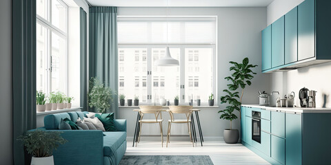 Illustration of modern light apartment with big windows created with Generative AI technology