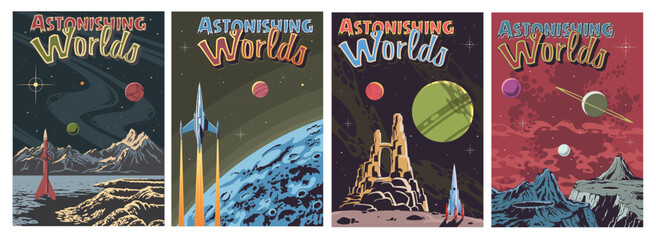 Retro Style Fantastic Space Landscape Posters Set. 1950s Retro Future Comic Book Illustrations © koyash07