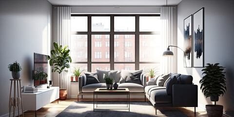Illustration of modern light apartment with big windows created with Generative AI technology