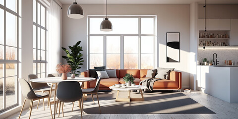 Illustration of modern light apartment with big windows created with Generative AI technology