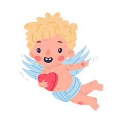 Cute baby Cupid flying with red heart. Blond little boy angel character with wings cartoon vector illustration