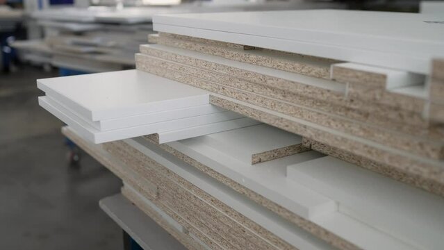 Factory for the manufacture of wooden doors. Cutting sheets of wood chipboard material. The equipment cuts a pattern on chipboard material.
