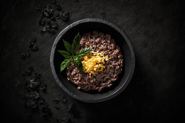 Minced beef produced from scratch in a black bowl set against a dark slate or stone background. A bird's eye perspective with room for copy. Generative AI