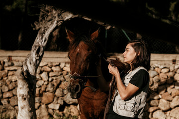Brunette girl preparing the horse for riding.