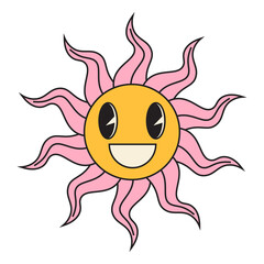 Groovy sun cartoon characters. Funny happy sun with eyes and smile.