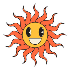 Groovy sun cartoon characters. Funny happy sun with eyes and smile.