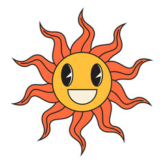 Groovy sun cartoon characters. Funny happy sun with eyes and smile.