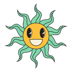 Groovy sun cartoon characters. Funny happy sun with eyes and smile.