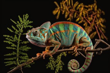 Fototapeta premium This is a male Ambilobe Panther Chameleon, Furcifer pardalis, perched on a branch. Snapped on a black backdrop. Generative AI