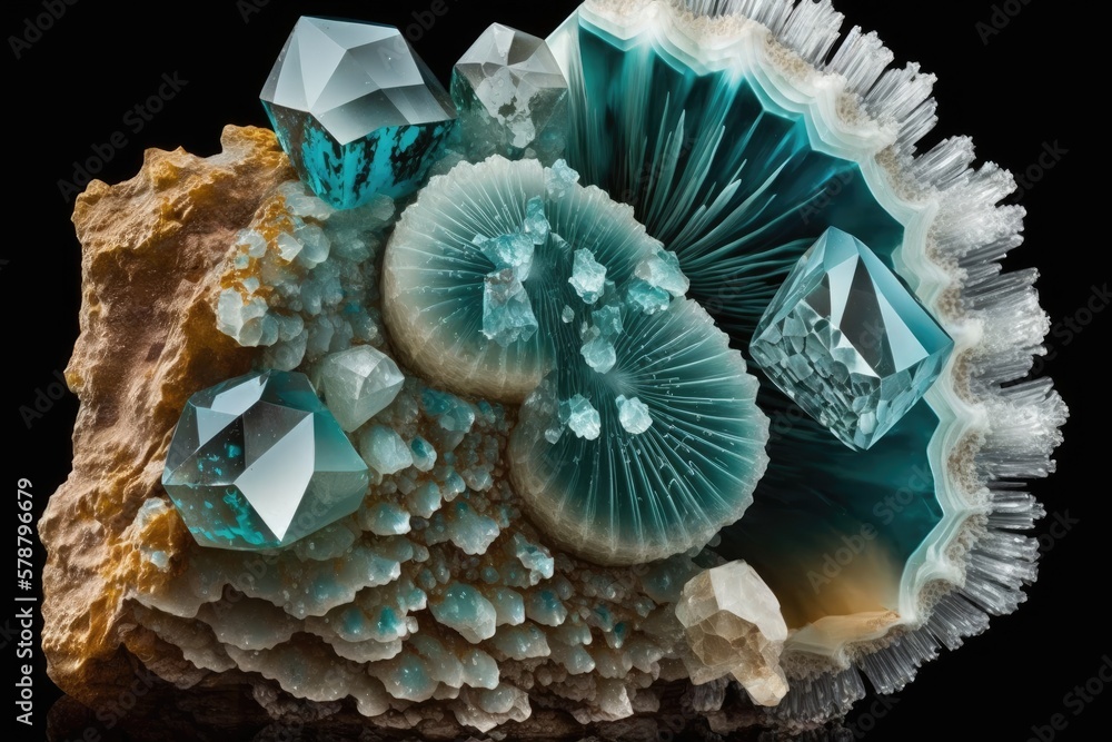Poster one type of cryptocrystalline quartz is agate. crystals of aquamarine at a macroscale. generative ai