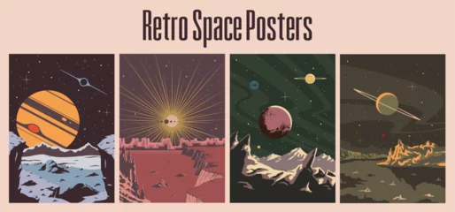 Poster Vintage Style Fantastic Universe Posters Set. Retro Futurism Space Landscape Illustrations © koyash07