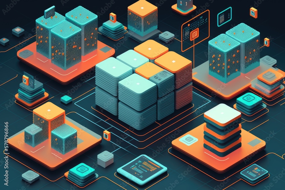 Poster data visualization for accounting, big data, blockchain technology, and mobile phones in an isometri