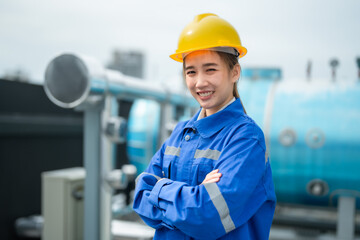 Asian woman engineer of mechanical plumbing and sanitary system. Worker has proudly his job.