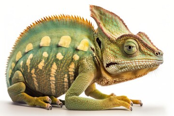 Fototapeta premium Isolated on white, a side view of a veiled chameleon (Chamaeleo calyptratus). Generative AI