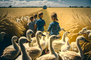 Children boys and girls walk with a flock of geese love heart across the field. The concept of a happy childhood in the village rural animals. Generative AI