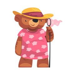 Cute bear character wearing pink dress and straw hat holding catching net cartoon vector illustration