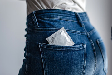 Detalle de un preservativo en el bolsillo trasero de los jeans de una mujer. Concepto de sexo seguro. Protección contra embarazos y enfermedades de transmisión sexual. Métodos anticonceptivos. - obrazy, fototapety, plakaty
