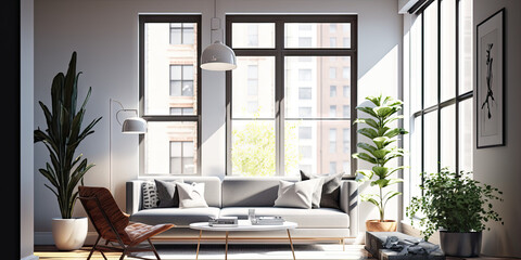 Illustration of modern light apartment with big windows created with Generative AI technology