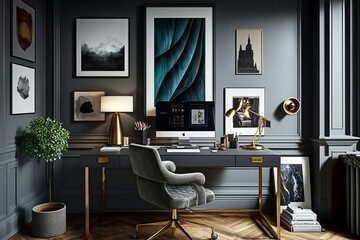 A Refined and Inspiring Home Office with a Plush Velvet Chair, Sleek Desk, and Abstact Art Gallery Wall
