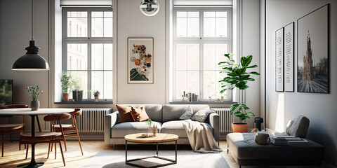 Fototapeta na wymiar Illustration of modern light apartment with big windows created with Generative AI technology