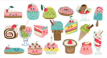 Set of delicious sweets and desserts. Ice cream , donut, cupcake and cake cartoon vector Illustration