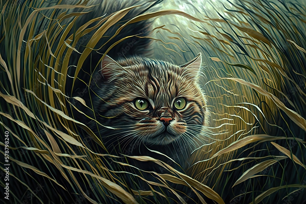 Poster an enigmatic cat meandering through endless waves of grass generative ai