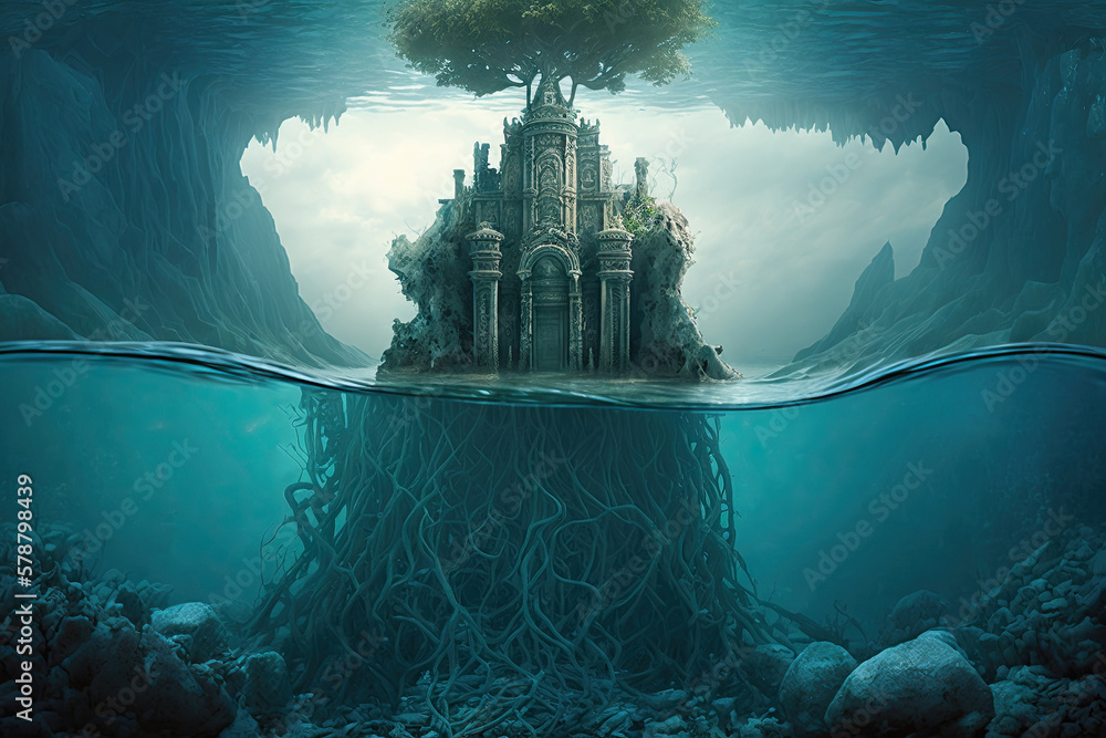 Aufkleber conjuring the world beyond our tangible realm: a mysterious submerged landscape generative ai