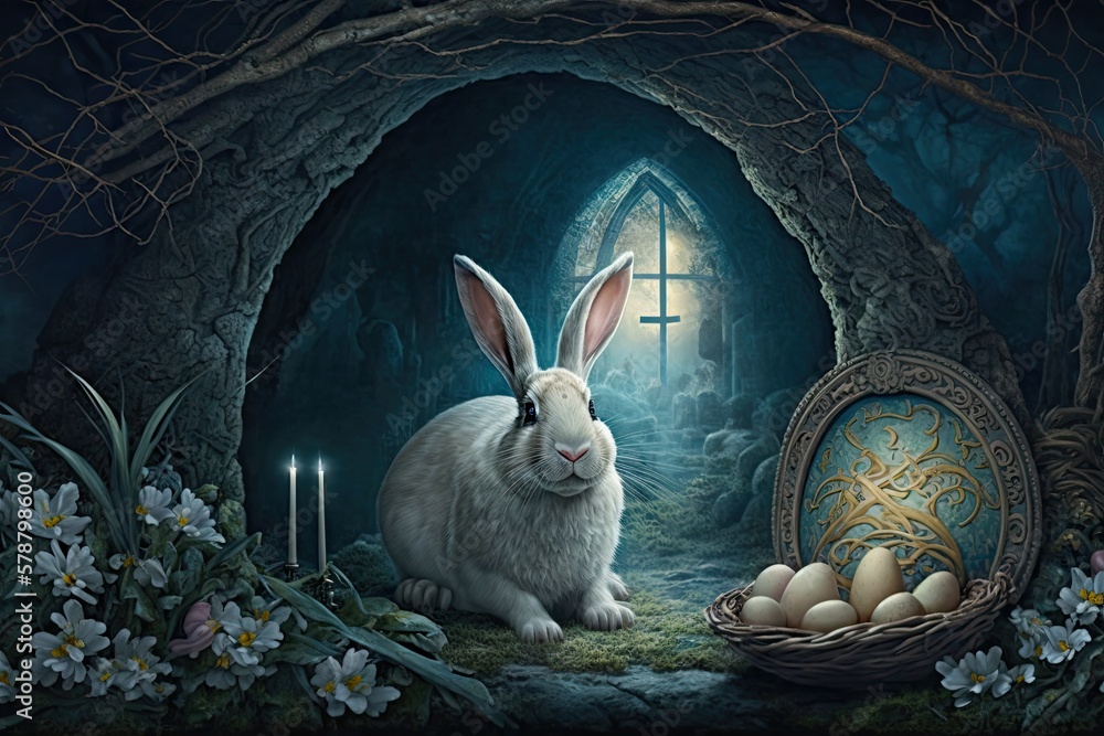 Poster exploring the miraculous splendor of an unfathomable easter wonderland generative ai