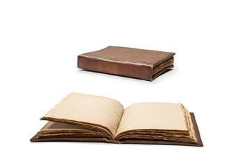 An open empty old notebook isolated on a white background.