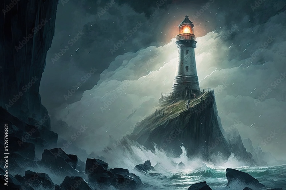 Poster the spectral light of the cliffs: an uneasy lighthouse sentinel generative ai