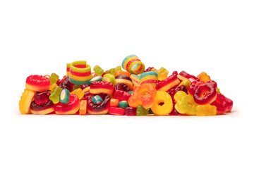 Assorted colorful gummy candies. Top view. Jelly donuts. Jelly bears. Isolated on a white background.