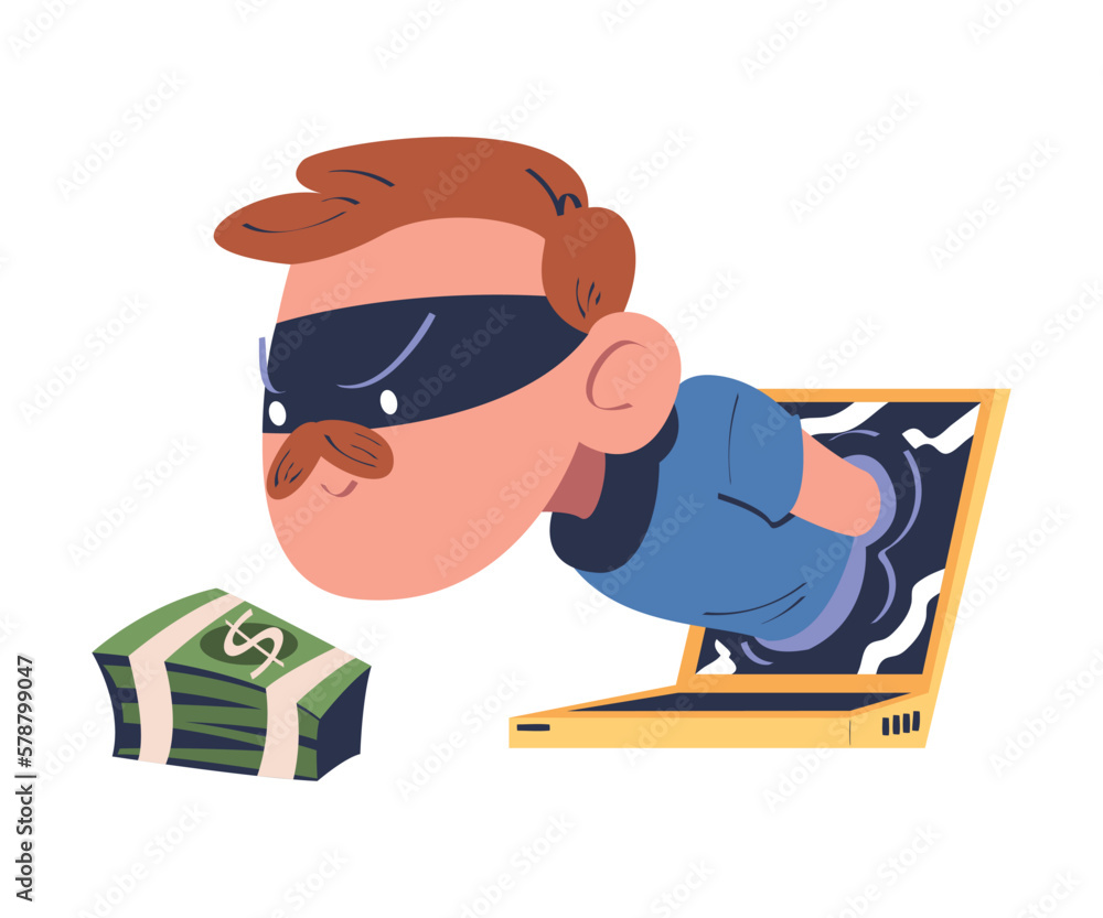 Poster masked cyber thief hacking computer and stealing money. cyber security and crime, spy access, hacker