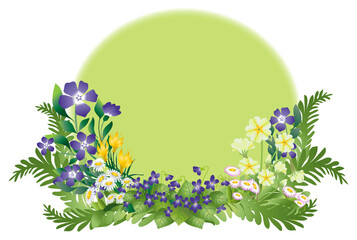 Composition fleurs de printemps et feuillages devant cercle vert