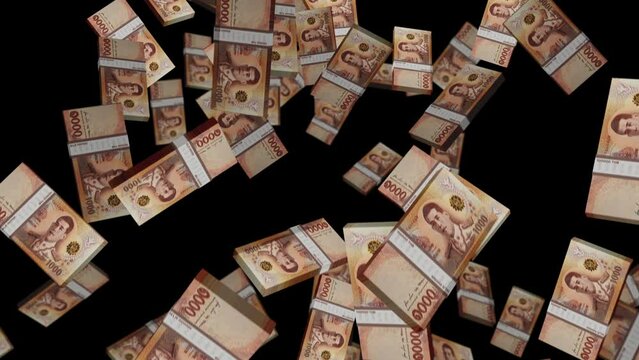 Thai Baht 1000 THB banknote packs falling loop. Thailand money note fall. 3D seamless looped isolated abstract concept of economy, finance, crisis, success and banking.