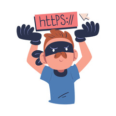 Masked cyber thief, hacker stealing personal data from fishing site. Cyber security and crime, hacking and phishing concept cartoon vector illustration