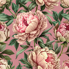 Seamless vector background with pink peonies. © Anna
