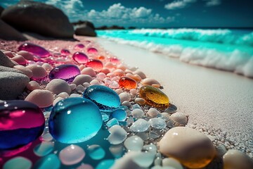 Transparent Luminous Creatures and Pebbles Adorn a White Beach Shore
