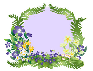 Couronne fleurs de printemps et feuillages - fond violet © Nathalie Bosansky