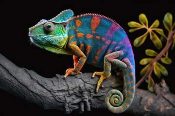 Colorful chameleon panther, spotted on a black background, perched on a limb. Generative AI