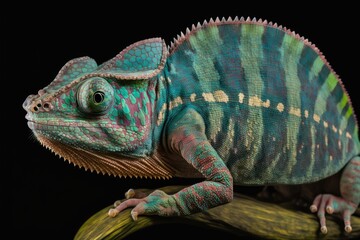 Fototapeta premium This is a two year old male Furcifer pardalis Ambolobe chameleon, which is native only to Madagascar. In its enraged form, the panther chameleon is pure Ambilobe. Generative AI